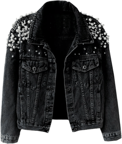 Womens Long Sleeve Jean Jacket Rivet Pearl Cropped Denim Jacket Jean Coat Standard XX-Large Black