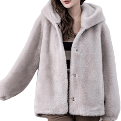 Women's Winter Coat Luxury Mink Faux Fur Hooded Cardigans Parka Overcoat Long Sleeve Button Down Crop Jacket Clearance
