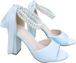 Light Blue Satin Block Heel Wedding Sandals with Double Pearls Ankle Strap - Women Wedding Shoes, Bridal Shoes, Wedding Heel, Something Blue