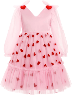 IDOPIP Toddler Girls Tutu Dress Mesh Long Sleeve Strawberry Heart Valentine Birthday Party Dresses Pageant Ruffle Tulle Gown
