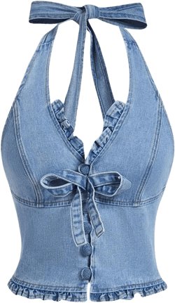 MakeMeChic Women's Shirred Denim Vest Tops Tie Backless Slim Fit Halter Crop Top Medium Blue