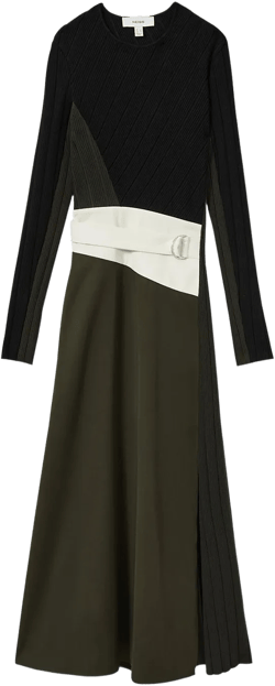 Khaki/black Rib-knit Panelled Belted Midi Dress