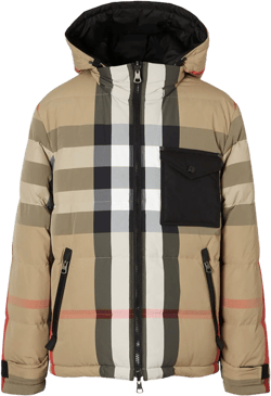 Kids Reversible Check Puffer Jacket In Beige