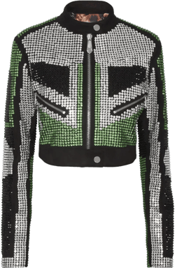 Cropped Leather Biker Jacket Strass In Green