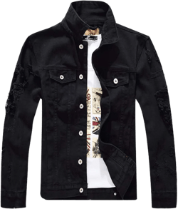 Hotmiss Jean Jacket for Men, Classic Distressed Ripped Denim Jacket with Holes