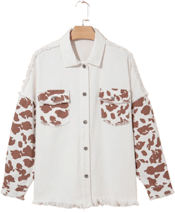 Long denim jacket with flap pocket and distressed hem, white cow spot