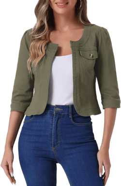 INSPIRE CHIC Women's Collarless Pockets 3/4 Sleeve Crop Denim Jackets Medium Army Green