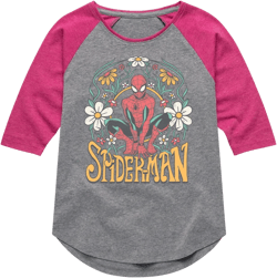 Girls' Marvel Spider-man Florals Shirt Tail Raglan Graphic T-shirt - Athletic Heather/Fuchsia - Medium