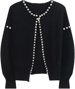 Kedera Women's Open Front Pearls Trim Cardigan Sweater Casual Knitted Long Sleeve Valentine's Day Outerwear Coat