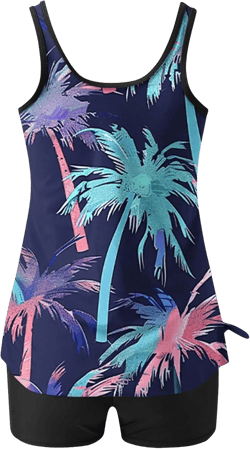 Women Tree Printed Tankini Swimsuit Modest Swim Tank Tops with Shorts High Waisted Swimwear Loose Ruched Beachwear