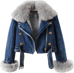 Women Denim Jacket with Fur Warm Fur Collar Rabbit Fur Lined Denim Jacket Thicken Shaggy Winter Removable Cropped Top