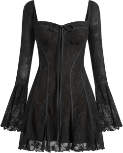 Women's Vintage Long Bell Sleeve Solid Floral Low Cut Lace Ruffle Y2K Mini Dress Corset Cocktail Party Dresses Black Large