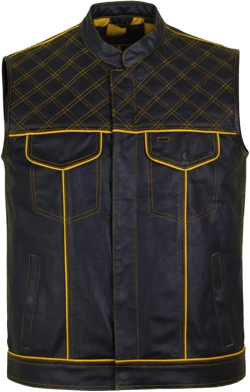 Men's Biker Rider Motorcycle club stylish Genuine leather sleeveless vest Medium Black / Yellow Gold