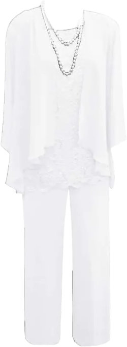 3 PC Mother of The Bride Jumpsuit Long Sleeves Lace Appliques Jewel White Wedding Dresses for Guest, US 12