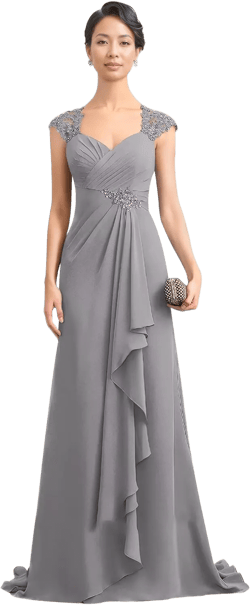 Women's V-Neck Lace Applique Mother of The Bride Dresses A-Line Ruffule Chiffon Formal Gowns and Evening Dresses Silver 14