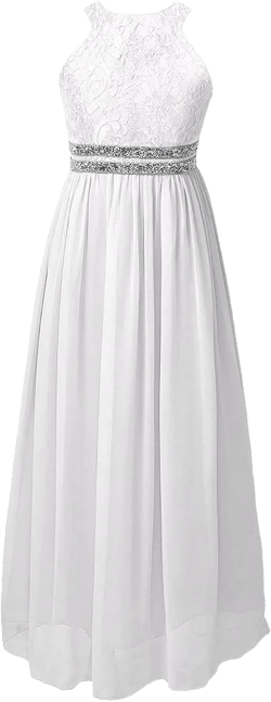 Hularka Kids Flower Girl Floral Lace Dress Halter Neck Chiffon Long Junior Bridesmaid Dress Pageant Proms Gown 8 Years White