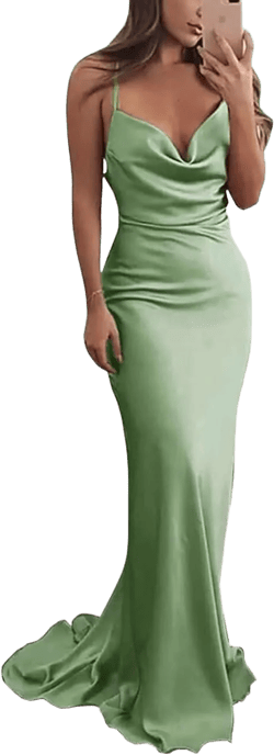 Silk Satin Bridesmaid Dress for Women Spaghetti Straps Cow Neck Mermaid Prom Dresses Long Backless Formal Gown 16 Plus Sage Green