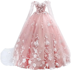 Women's Luxurious Off The Shoulder Quinceanera Dress 3D Flower Prom Dress Long Shawl Bridal Dress with Cape 2 Light Pink