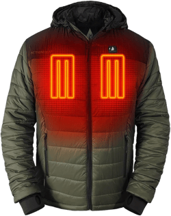 ActionHeat Battery Heated Jacket for Men Insulated Puffer Heating Jacket with Hood Heats up to 150F for 5 Hours Large Black/Olive Green
