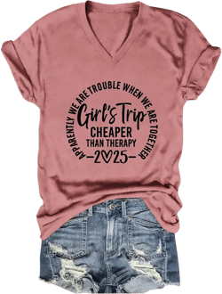 Girls Trip T Shirts for Women 2025 Funny Graphic V Neck Tshirt Casual Short Sleeve Tees Tops Soft Cotton T-Shirts Rose Pink Medium