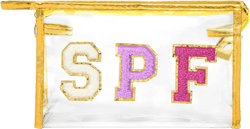 Preppy Patch Cosmetic Bag - Summer Golden SPF Varsity Letter Clear Toiletry Bag Aesthetic Waterproof Portable Makeup Bag Transparent PVC Zipper Clutch Purse Travel Beach Bag for Women Girls Purple SPF Golden Spf