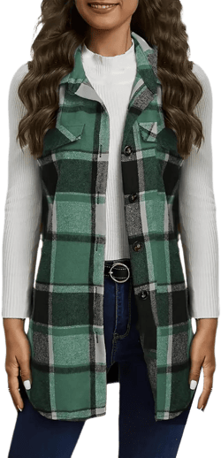 Plaid Vest Fall Flannel Vest for Women Casual Button Down Shirts Sleeveless Long Jacket Lightweight Lapel Neck Coat Medium Green