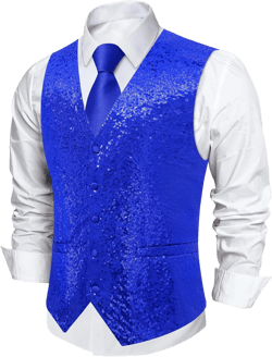 DiBanGu Mens Sequin Vest Casual V-neck Shiny Waistcoat Tie and Pocket Square Set Sharkly Solid Dress Vest for Prom Party Large Royal Blue