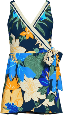 Lands' End Women's Long Side Tie Mini Swim Dress Swimsuit - 14 - Navy Floral Blooms Border