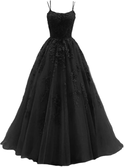 Women's Lace Appliques Prom Dresses Long Spaghetti Strap Ball Gowns Tulle Formal Dress for Party 18 Plus Black