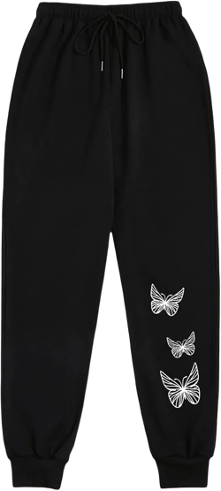 Floerns Women's Graphic Print Elastic High Waist Sweatpants Long Pants Medium Black Butterfly