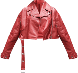 Bright Red Patent Faux Leather Belt Detail Cropped Biker Jacket