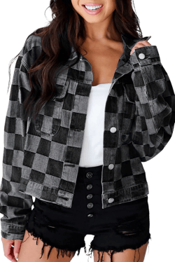 Ecosunny Womens Casual Long Sleeve Button Down Shirt Jacket Checkered Patchwork Denim Jacket Lightweight Coat Tops Medium Black