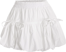 Verdusa Women's Bubble Skirt Ruffled Pleated Mini Skirt Elastic Waist Short Skater Skirts Medium White