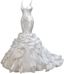 White Lace Organza Mermaid Women's Spaghetti Straps Wedding Dress Long Train Sleeveless Bridal Gown 16 White
