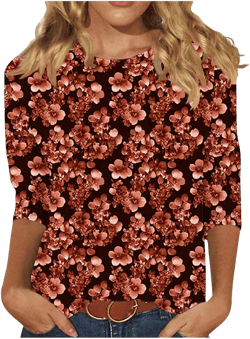 Long Sleeve Shirts for Women Summer 3/4 Length Sleeve Blouse Floral Print Crew Neck Cute Casual Tee Loose Fit Tops Orange Medium