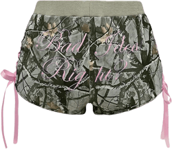 Women's Lace Up Y2K Camo Shorts Letter Embroidered Low Rise Mini Shorts Army Green Small