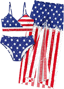 Shallmu Girls Swimsuit Bikini Set 3 Piece Tropical Print Bathing Suit Quick Dry Cover Up Skirt Swimwear 7-16Y Usa Flag 9-10 Years