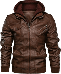 Mens Faux Leather Zip-Up Motorcycle Bomber Jacket with Hood Medium Brown