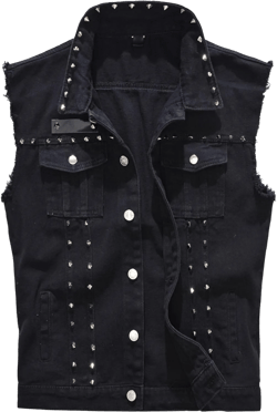 Men's Rivets Punk Denim Vest Sleeveless Lapel Button Down Jean Vests Jacket Slim Fit Fashion Biker Vest Jacket Black Medium