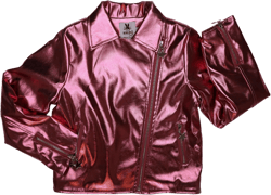 Girls Metallic Jacket, Silver/Pink Faux Leather Biker Jacket with Rainbow Heart Patch, Side Pockets