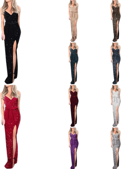 Women Sequins Dress V Neck Spaghetti Strap Split Gown Evening Dresses Sparkly Glitter Evening Cocktail Dress Wine Small