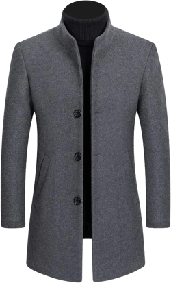 Maiyifu-GJ Men Stylish Wool Blend Trench Coat Slim Fit Business Down Long Overcoat Mid Length Single Breasted Jacket Topcoat Large Grey