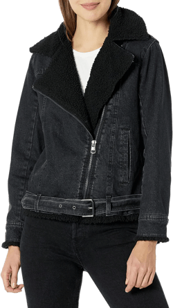 Calvin Klein Women's Oversized Belted Moto with Sherpa Denim Jacket X-Small Falcon Black