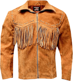 R M Men's Western Suede Leather Jacket with fringes Traditional Cowboy Native American Jackets for Men (Large), Brown (RP-786)