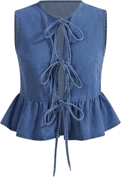 MakeMeChic Women's Plus Size Denim Vest Bowknot Crew Neck Sleeveless Ruffle Hem Y2K Jean Vest Jacket 3X-Large Plus Blue