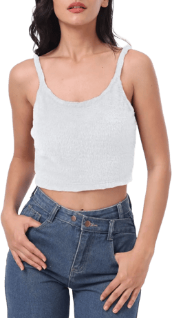 Amazhiyu Women's Fuzzy Cropped Tank Top Sweater-Knit Scoop Neck Crop Cami Large White