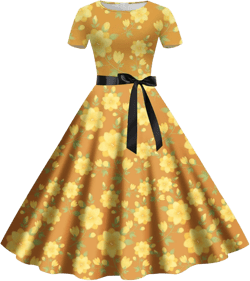 Ladies' Fashionable and Beautiful Floral Print Round Neck Short Sleeved Retro Casual Skirt Womens Top Dresses Gold-h Large