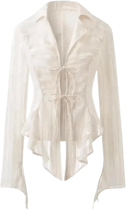 Fairycore Lace Blouse Women Flare Sleeve Long Coquette Bow Shirt V Neck Cropped Tops Korean Fashion Chic Aesthetic Cloth Off-white Medium