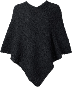 Irish Wool Poncho for Women's Aran Cable Knit Cape Made in Ireland One Size (Charcoal)