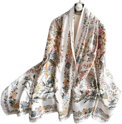 Elegant Silk Scarf Shawl for Women Lightweight Floral Satin Scarf Trendy Silky Scarves Headscarf Neck Shawls Wraps 01b White Bloom